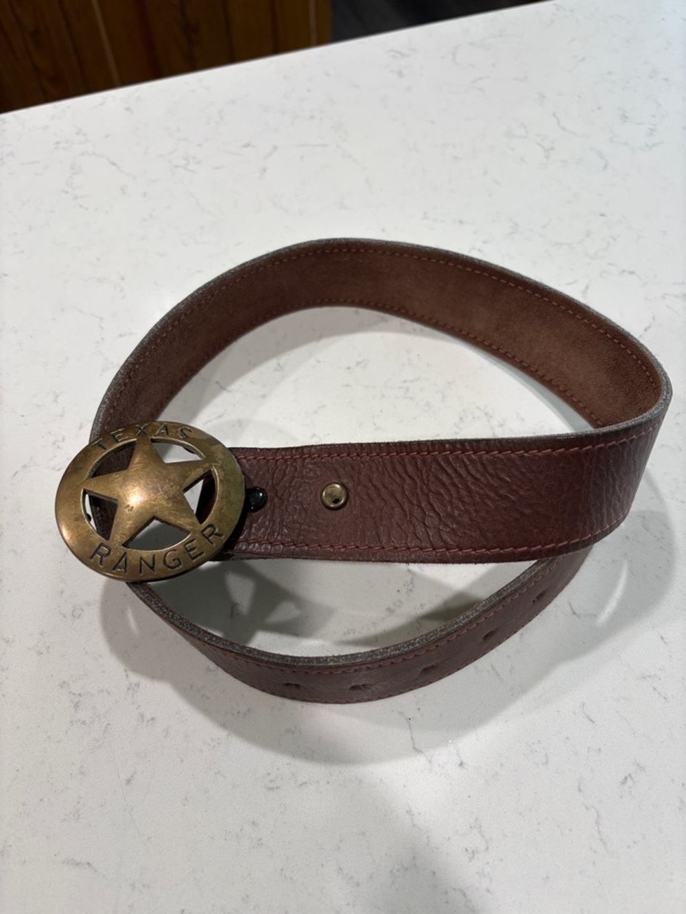 Vintage Brown Leather Texas Ranger Star Belt with Brass Buckle